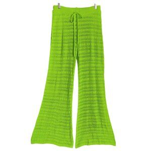 Retro Mod Brat Raver Neon Green Knit Flare Wide Leg Flowy Pants Club Kid Sz M